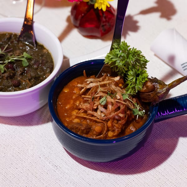 Two bowls of Persian stews, one green and one orange, garnished with herbs and fried onions.