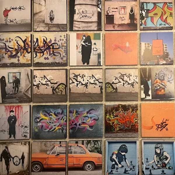 A grid of 25 small square artworks depicting various scenes, graffiti, and figures.