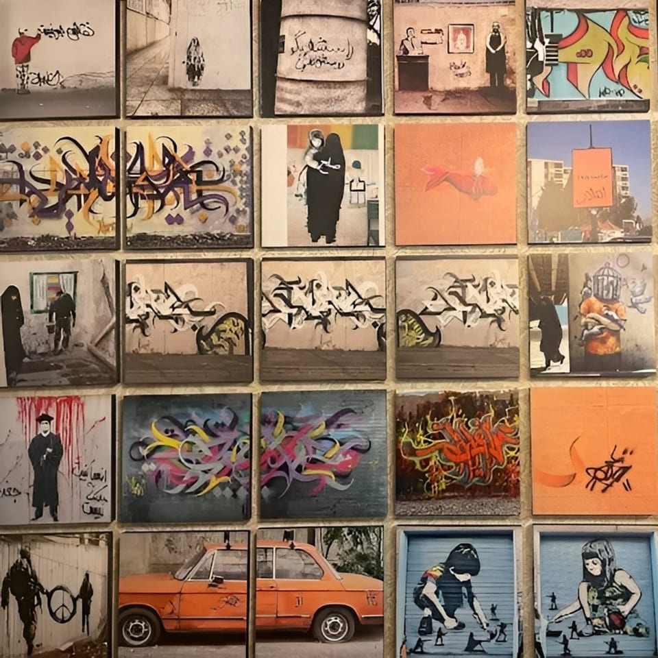 A grid of 25 small square artworks depicting various scenes, graffiti, and figures.