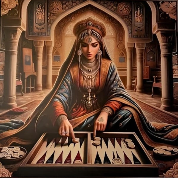 A woman in traditional attire plays backgammon in a richly decorated, arched Middle-Eastern setting.
